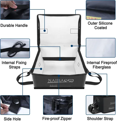 Miniatura 5 de Bolsa ignífuga y a prueba de explosiones para batería Lipo para almacenamiento y carga de batería Lipo, gran capacidad resistente al fuego con Negro