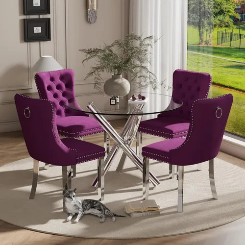 Miniatura 18 de Juego pequeño de mesa redonda con tapa de vidrio transparente para 2, 36'' Juego moderno de lujo para cenas circulares, 3 piezas Juego minimalista