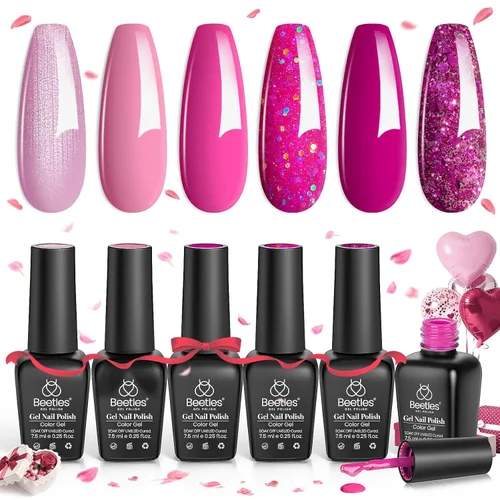 Miniatura 7 de Beetles - Juego de esmaltes en gel para uñas de Navidad, color rosa, rosa, nude, brillantina, luz brillante, kit de 6 colores para semipermanente