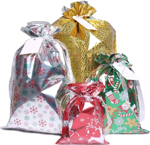 Bolsas de regalo de Navidad, 40 bolsas de regalo de Papá Noel en 4 tamaños y 4 diseños con cintas de cordón insertadas y etiquetas para envolver las