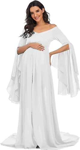 Miniatura 3 de ZIUMUDY Vestido largo de gasa con hombros descubiertos para sesión de fotos, mangas acampanadas, vestido dividido para fotografía, baby shower