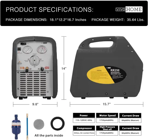 Miniatura 6 de VIVOHOME Bomba de vacío de aire de paleta rotativa de una sola etapa de 110V 1/3 HP 4.5 CFM con 110-120V AC 60Hz 3/4HP Máquina de recuperación