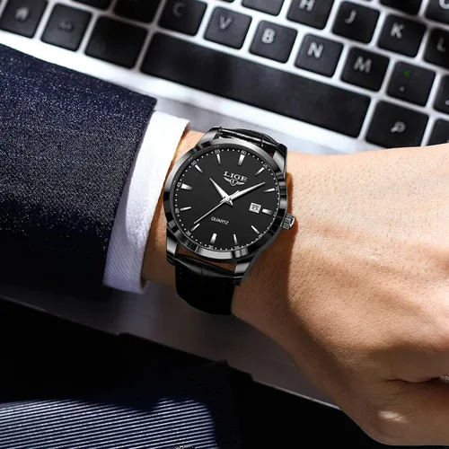 Miniatura 6 de LIGE Relojes para hombre impermeable analógico vestido vintage cronógrafo analógico casual cuero acero inoxidable movimiento de cuarzo único retro