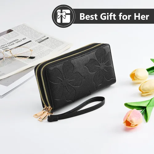 Miniatura 8 de Espera Cartera de mujer con bloqueo RFID de gran capacidad, tarjetero con doble cremallera, de cuero, con cartera para mujer con correa