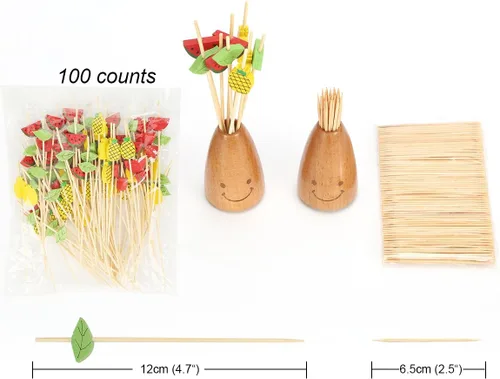 Miniatura 2 de Minisland Palillos de cóctel de hojas de piña de sandía mixtos, palillos de bambú de 4.7 pulgadas de largo para aperitivos, comida hawaiana