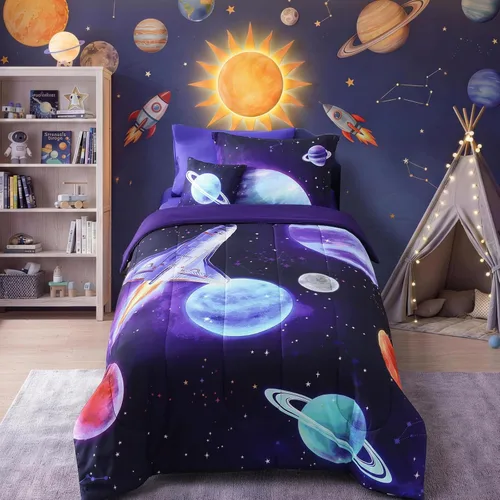 Miniatura 19 de Juego de edredón para niños Kaleido Space tamaño individual para niños, juego de ropa de cama para niños con luz en la oscuridad para jugadores, 1