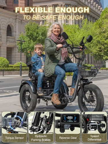Miniatura 4 de Folding Electric Tricycle for Adults 2 Seater, 20MPH 100 Miles 4" Wide Fat Tire Electric Trike, 3 Wheel Electric Bike 1200W, 48V 20AH Battery
