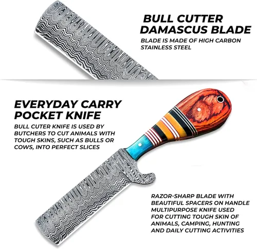 Miniatura 4 de Cuchillo de caza de Damasco hecho a mano, cuchillo de hoja fija de 8 pulgadas con funda, cuchillo de vaquero de espiga completa, cuchillo de Multi