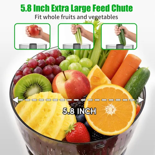 Miniatura 2 de Exprimidor de prensado en frío con canal de alimentación de 5.8 pulgadas de ancho, exprimidor de masticación lenta de 300 W para frutas y verduras