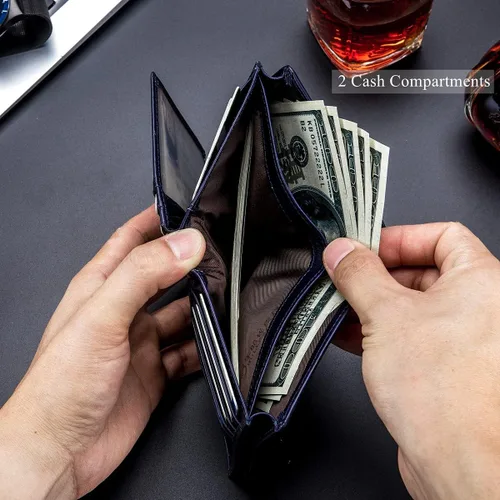Miniatura 5 de BULLCAPTAIN Cartera plegable de cuero genuino de gran capacidadtitular de la tarjeta de crédito para los hombres con 15 ranuras para tarjetas