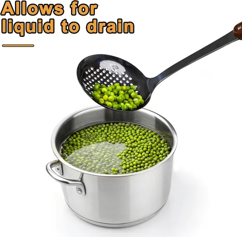 Miniatura 7 de FJNATINH Espátula Wok de acero inoxidable, cucharón, juego de herramientas de cucharón de espumadera, utensilios de cocina pulidos con mango de Negro