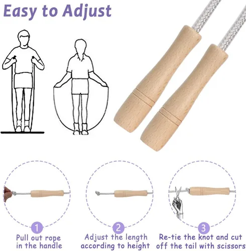 Miniatura 2 de Cuerda de saltar para niños, cuerda de saltar ajustable de algodón de 8.5 pies con mango de madera para niños y niñas, ejercicio al aire libre