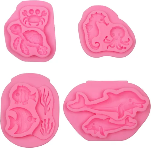 Miniatura 9 de Moldes de silicona para fondant de peces de tortuga marina, 4 paquetes de moldes de chocolate con delfín de coral marino para decoración de Pescado