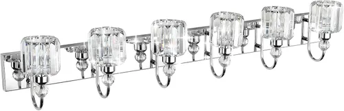 Miniatura 2 de Ralbay 6 luces de cristal de acero inoxidable para tocador de baño, espejo largo, accesorios de iluminación modernos de cristal para baño Cromo