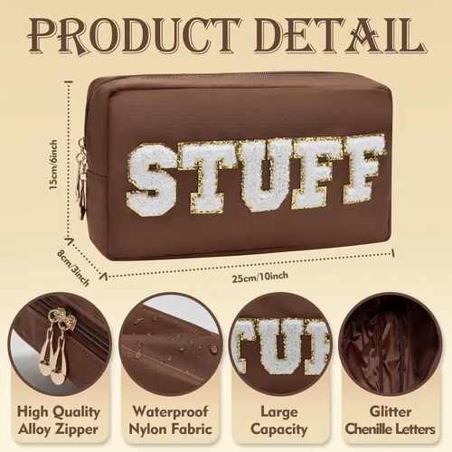 Miniatura 3 de Bolsas de maquillaje Preppy, trébol de piedra, 4 piezas, organizador de viaje, bolsa de parche, grande, letras universitarias, artículos de tocador