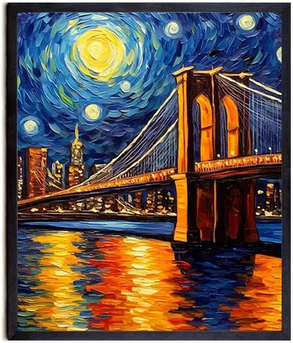Bestbuddy Pet 8X10 Sin Marco Noche Estrellada Inspirado Puente de Brooklyn Monumento de Nueva York Famosa Arquitectura Tour Mundial Pintura al óleo