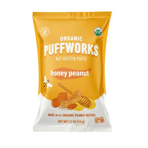 Puffworks Honey Organic Peanut Butter Puffs, 1.2 onzas (paquete de 6), aperitivo proteico a base de plantas, sin gluten, sin lácteos, Kosher