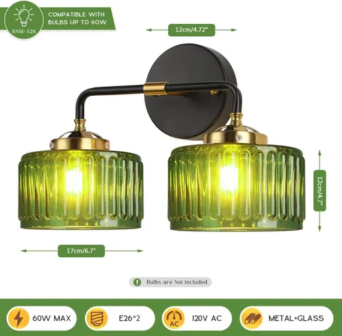 Miniatura 2 de Lámparas de baño de mediados de siglo, aplique de pared de 2 luces con pantalla de vidrio con rayas verdes, luz de montaje en pared, luces modernas