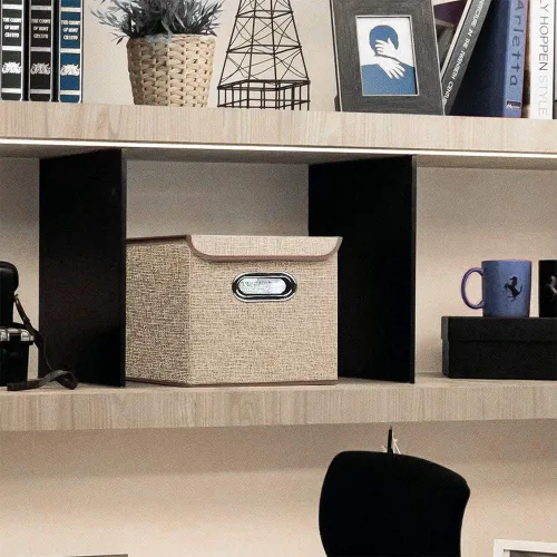 Miniatura 4 de Juego de 4 contenedores plegables de tela de lino con tapa, cajas organizadoras plegables, 10 x 10 x 10 pulgadas (beige)