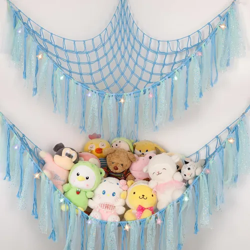 Miniatura 10 de Hamaca de animales de peluche con luces LED, red grande de almacenamiento de juguetes de 59 pulgadas para dormitorio de niños, organizador de felpa