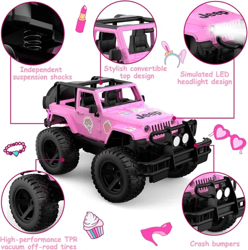 Miniatura 4 de DOUBLE E Jeep con licencia de escala 1:14 en color rosa, coche de control remoto para niñas con pegatinas DIY, diseño de techo abierto, camioneta RC