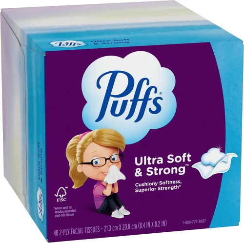 Miniatura 11 de Pañuelos faciales ultrasuaves sin loción Puffs, 1 cubo, 48 pañuelos por caja