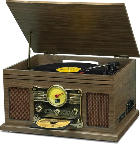 Miniatura 9 de FEKTIK Tocadiscos Bluetooth 10 en 1, tocadiscos de 3 velocidades con altavoces, entrada y salida Bluetooth, CD, casete, radio FM, transmisión