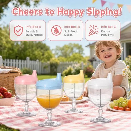 Miniatura 8 de Goaste Paquete de 4 vasos para beber vino para bebé, copas de plástico estilo copa con tapas, tazas de bebidas para niños de 6.7 onzas para jugo