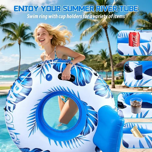 Miniatura 4 de Flotador inflable de tubo de río, flotador de piscina para adultos, tubos de río para flotar resistente con parte inferior de malla, respaldo cómodo