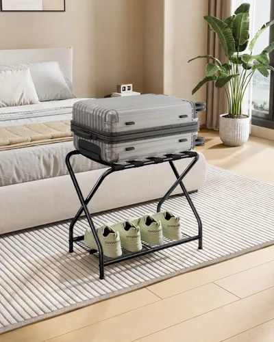 Portaequipajes, soporte para maleta con estante de almacenamiento, soporte de equipaje plegable de metal para habitación de invitados, dormitorio,