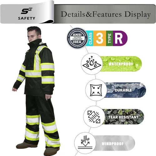 Miniatura 7 de sesafety Chaqueta de Lluvia de Alta Visibilidad, Trajes de Lluvia para Hombres Impermeables con Fondo Negro, Abrigos de Lluvia para Hombres