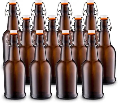 Botella de cerveza de vidrio para fabricación de cerveza casera con tapa giratoria abre fácil y sello de caucho hermético - 16 onzas - Caja de 12 -