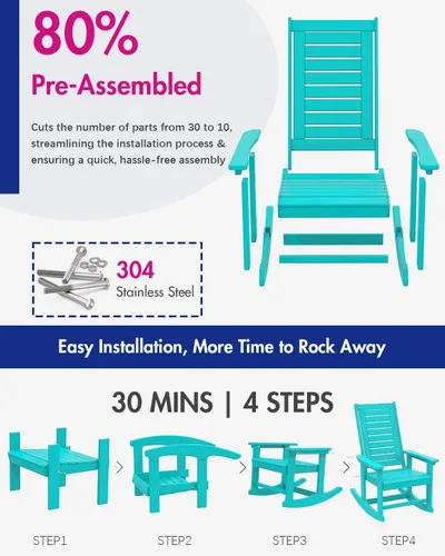 Miniatura 5 de BRIOPAWS Outdoor Rocking Chairs Set of 2 HDPE Plastic Porch Rockers Aqua Oversized Patio Rocker Chair High Back for Big Man Weather