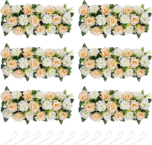 Miniatura 8 de NUPTIO Centros de mesa de flores artificiales para mesas, 6 unidades, color borgoña, rosa polvorienta y blanco cremoso, arreglos de rosas falsas
