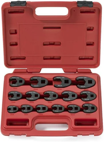 Neiko 03324A, juego de llaves Crowfoot de 1/2" y 3/8”, 15 piezas, tamaños de llaves Crowfoot métricas de 8mm a 24mm, juego de llaves de tuerca