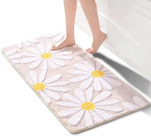 Miniatura 31 de QJHOMO Alfombra de baño azul con diseño de margaritas, decoración de flores blancas y amarillas, alfombra antideslizante de microfibra, súper Azul