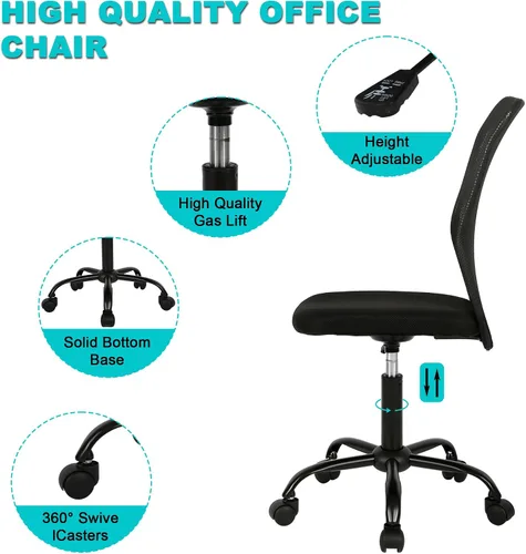 Miniatura 5 de Silla de oficina sin brazos, silla de oficina ergonómica de malla con respaldo alto con soporte lumbar, sillas de computadora, silla con ruedas