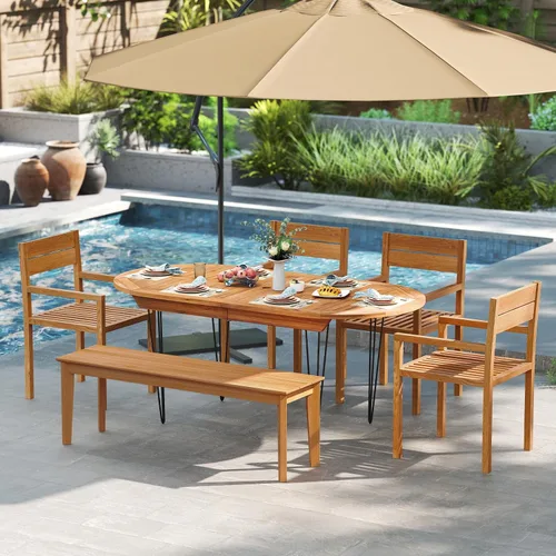 Miniatura 4 de HAPPYGRILL Silla de comedor de madera de teca, sillón de muebles de madera para exteriores con asiento y respaldo de listones, para patio trasero