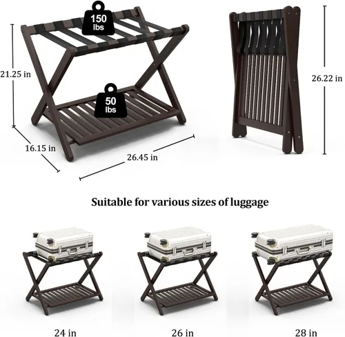 Miniatura 9 de Juego de 2 portaequipajes de bambú, totalmente montado, para habitación de invitados, soporte plegable para maleta con estante para zapatos, soporte