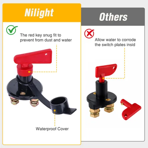 Miniatura 7 de Nilight Battery Disconnect Switch with Waterproof Key and Cover 12V 24V On Off Battery Master Isolator Cut Off Power Kill Switch for Car Marine Boat