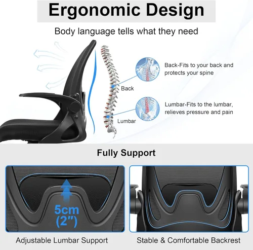 Miniatura 3 de Silla de dibujo alta de oficina con reposabrazos abatibles, altura ajustable y soporte lumbar mejorado, taburete ergonómico rodante, soporte de Negro