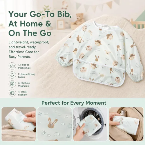 Miniatura 4 de Little Dimsum Paquete de 2 baberos de alimentación de manga completa, delantal impermeable para bebés y niños pequeños, protección alimentaria