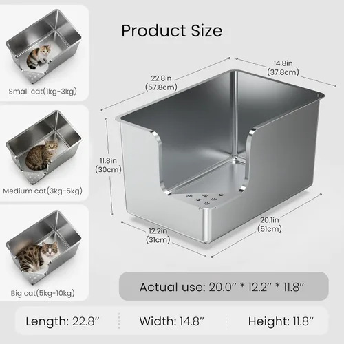 Miniatura 2 de Caja de arena de acero inoxidable de 11.8 pulgadas de alto, caja de arena de metal XL para gatos, inodoro para mascotas con apertura de esquina