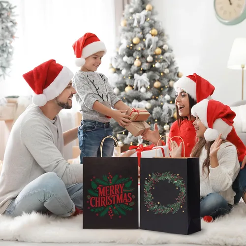 Miniatura 5 de OUTUXED 100 bolsas de papel negro de 10 x 5 x 13 pulgadas, bolsas de regalo de papel kraft grandes con asas a granel para negocios, compras