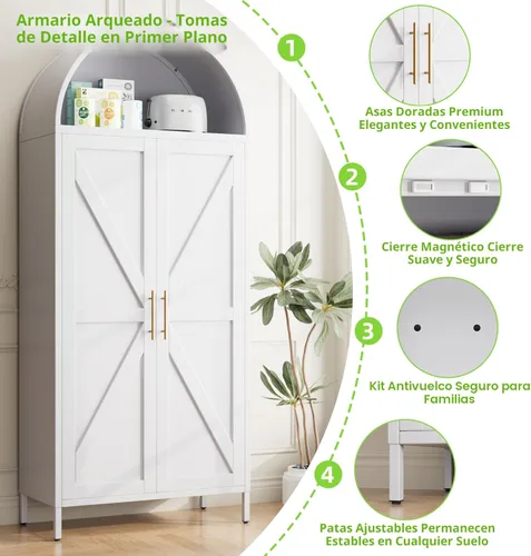 Miniatura 8 de Armario de despensa arqueado de metal blanco de 72.8 pulgadas para almacenamiento de cocina, armario alto de 2 puertas con 6 estantes ajustables