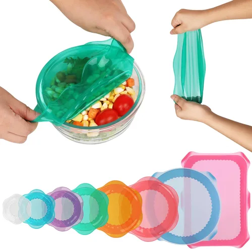 Miniatura 12 de Tapas elásticas de silicona para almacenamiento de alimentos en el refrigerador, fundas elásticas reutilizables para tazas, latas, tarros, 6 piezas