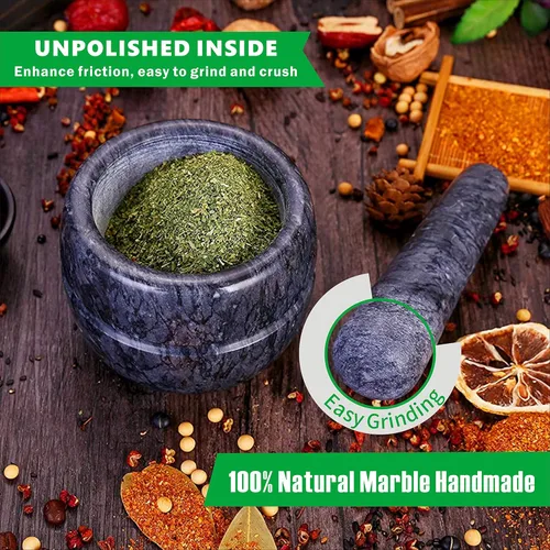 Miniatura 3 de Juego de mortero y mortero pulido de piedra de mármol natural pulido Guacamole Molcajete Bowl con base de silicona, cuchara inoxidable a juego
