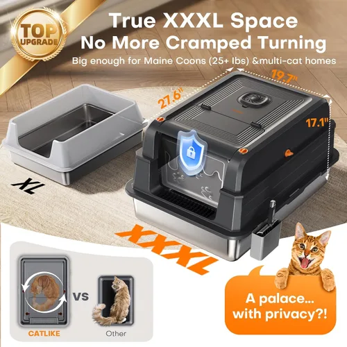 Miniatura 2 de CATLIKE XXXL - Caja de arena de acero inoxidable para gatos, 3 capas de orina a prueba de fugas, diseño cerrado con filtro de carbón para Maine Coon