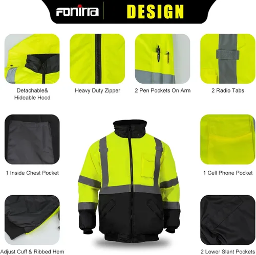 Miniatura 3 de FONIRRA - Chaquetas bomber de alta visibilidad con forro polar, ANSI Clase 2, chaqueta reflectante impermeable para hombres