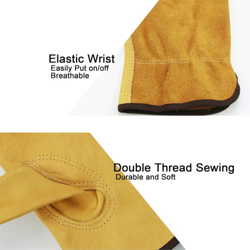 Miniatura 3 de OZERO 5 pares de guantes de trabajo de cuero Flex Grip, guantes de jardinería de piel de vaca resistentes para corte de oro (5 pares)